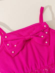 Young Girl Casual Striped Off-Shoulder Studded Bow A-Line Dress With Lining, Mesh Skirt, Suitable For Daily, Home, Outdoor, Street, Sports, Cute, Vacation, Summer - Hot Pink - View 5