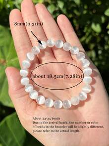 YAUKIA 1pc Gypsum Bead Bracelet - 8mm Round Crystal Elastic Gemstone Bracelet, Symbolizing Purity, Creativity, Healing And Protection - White - View 5