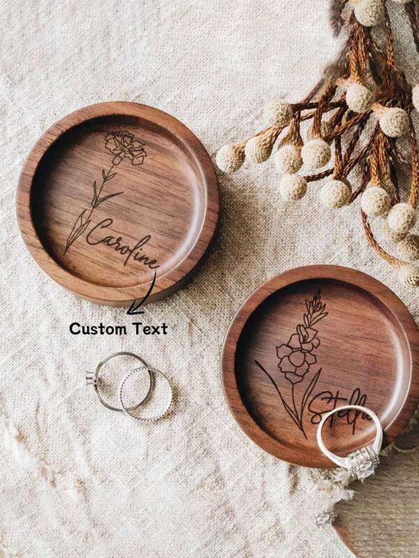 1pc Round Walnut Wood Ring Holder Tray, Gift For Women, Personalized Ring Stand, Anniversary Gift, Wedding Ring Dish, Wedding Gift, Bridal Shower, Valentine's Day, Mother's Gift