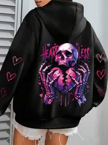 Women's Daily Skull Skeleton Hands Broken Heart HEARTLESS Hearts Pattern Graphic Zip-Up Jacket Hooded Long Sleeve Jacket Casual Spring/Summer/Fall Long Sleeve Tops Women Halloween Going Out Tops Women,Vacation Outfits Women Black Long Sleeve Top,Cute Tops,Crop Top,Tops For Women - Black - View 2