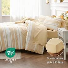 Bed In A Bag Queen Size 7-Piece Yellow White Striped Bedding Comforter Sets All Season Bed Set, 2 Pillow Shams, Flat Sheet, Fitted Sheet And 2 Pillowcases - 黃色 - 查看 7