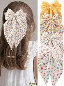 4 件装儿童女孩返校休闲学院风字母印花网状丝带蝴蝶结发夹