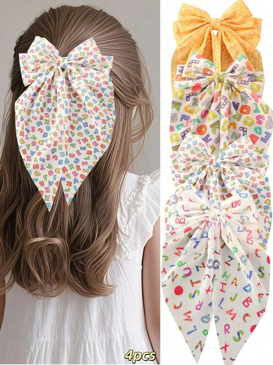 4 件装儿童女孩返校休闲学院风字母印花网状丝带蝴蝶结发夹
