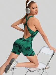Women's Tie Dye Deep V One Piece Shorts, Women's Cross Body Yoga Wear, Sexy Hip Lifting Fitness One Piece - màu xanh lá - Xem 5