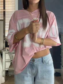 Womens Oversized Jersey T Shirts Summer 08 Number Printed V Neck Short Sleeve Loose Fit Mesh Tee Shirt Top Teen Girls Y2k Going Out Tops Coquette Clothes Streetwear - 粉色 - 查看 1