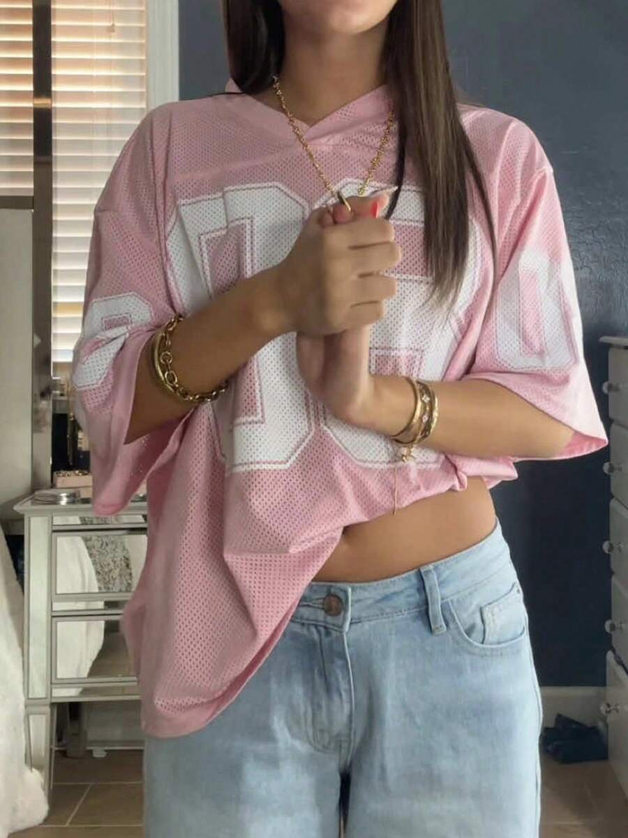 Womens Oversized Jersey T Shirts Summer 08 Number Printed V Neck Short Sleeve Loose Fit Mesh Tee Shirt Top Teen Girls Y2k Going Out Tops Coquette Clothes Streetwear - 粉色 - 查看 1