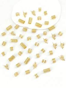 New Year New Style 50-Piece Set Retro Bohemian Style Alloy Hair Ties New Set - Hollow Round Hair Accessories, Suitable For Christmas Styling For Women And Girls, Elegant Solid Color Hair Accessories, Can Be Used For Braiding And DIY Hairstyle Design, Valentine's Day Gift For Girlfriend Or Best Friend - Vàng - Xem 5