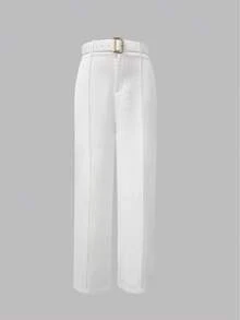 Women's Casual Solid Color Straight Leg Pants With Buckle Belt - White - View 2