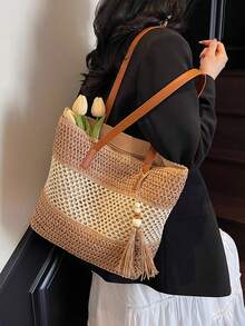 Women's Large Capacity Tote Bag Fashion Tassel Beach Shoulder Bag Handbag, Suitable For Travel, Daily Shopping