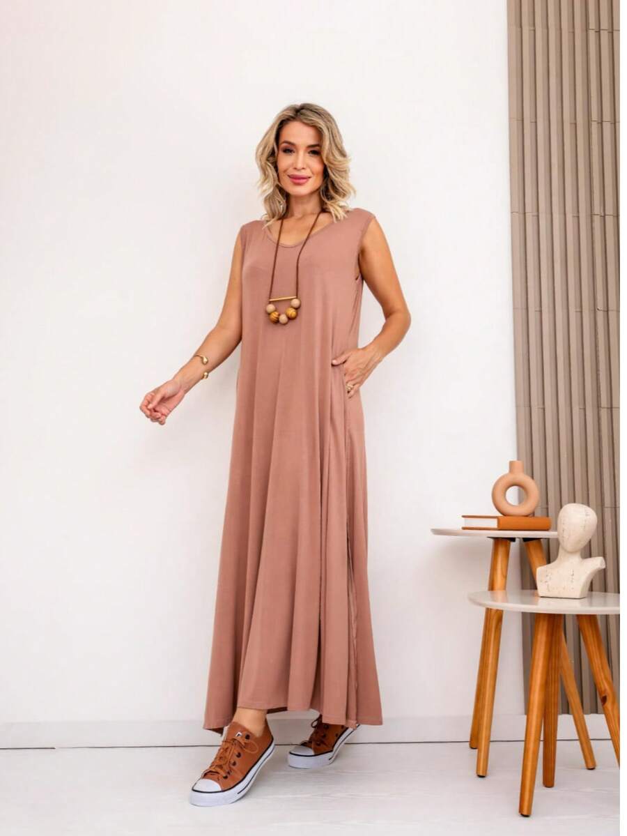 Women's Long Dress With Side Slit Plus Size - 米色 - 查看 1