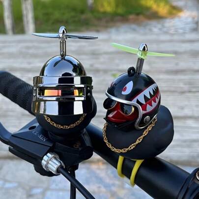 1pc Classic Rubber Duck Bicycle Handlebar Decor - With Propeller, Glasses, Gold Chain And Horn, Shiny Black Color, Suitable For Bicycle Parts, Bicycle Accessories | Unique Design |