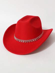 1 Peça Chapéu de Feltro Unissex, Chapéu de Feltro de Lã de Cor Sólida e Plano na Parte Superior com Decoração de Cinto em Formato de Diamante, Chapéu de Cowboy Ocidental Estiloso, Adequado para Noiva, Apresentação, Festa, Uso Externo, Todas as Estações