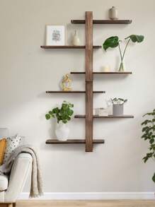 Estante de Pared de Madera Color Nogal, Estante Flotante, Estantería Colgante Grande, Estantería Decorativa de 3 Niveles de Madera Maciza para Salón y Dormitorio, Baldas Desmontables, 50x58 cm