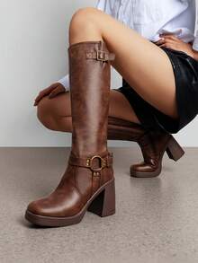 Women's Chunky Heel Platform Knee-High Boots Square Toe Side Zipper Adjustable Straps Buckle Decorated Motorcycle Riding Boots - 摩卡棕 - 查看 3