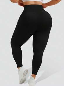 Plus Size Casual Sports Yoga Black Leggings With Four Side Pockets, No Awkward Design, And Double-Layered Tummy Control Waistband, Fold Over Leggings, Spring, Summer, Autumn, And Winter