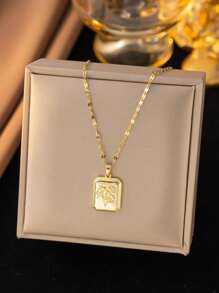 1pc Stainless Steel Square Flower Design Pendant Necklace, Vintage Fashion Street Style For Daily Wear And Party