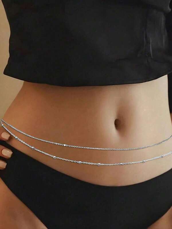 1 pieza Cadena de cintura con doble capa de cuentas de moda, cadena de metal para el Body, cadena de vientre, accesorios de cintura