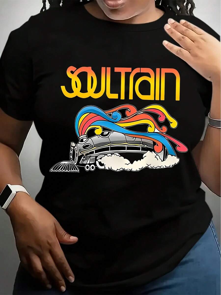 Women's Soul Train Graphic Tee - Black Casual Crew Neck Short Sleeve T-Shirt, All-Season Blend Top With Vibrant Train Design, 180gsm Regular Length, Casual Wear Tee   Graphic Print Tee   Stretchab - màu đen - Xem 1