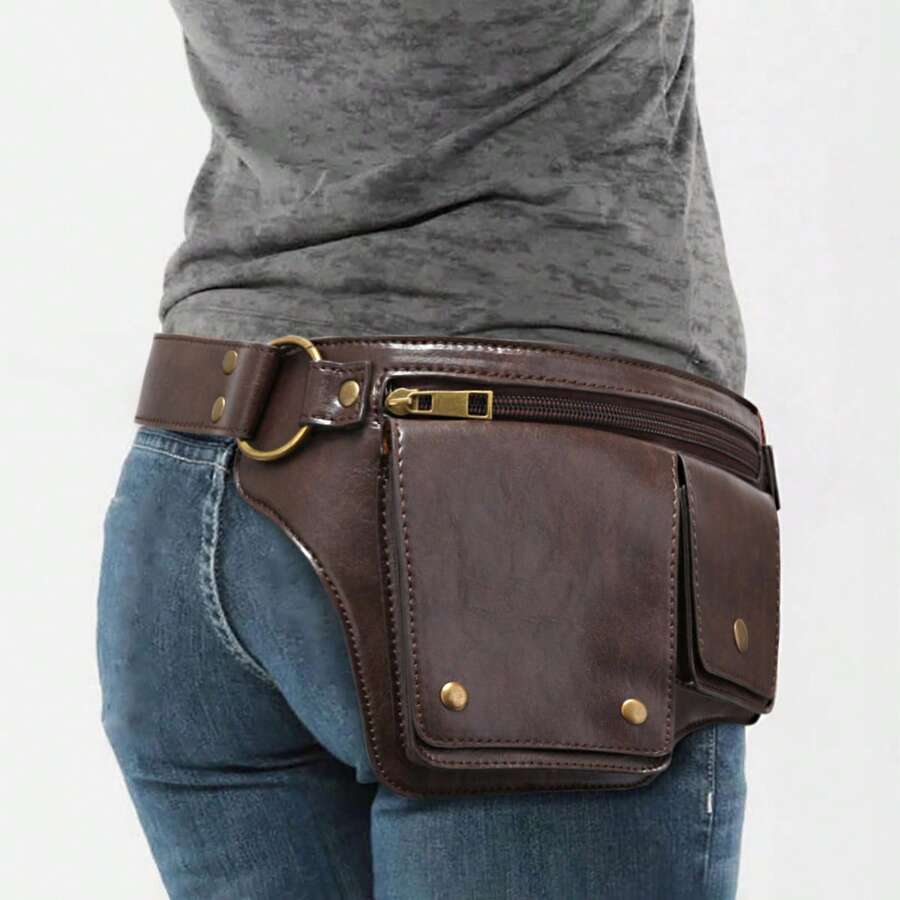 Punk Style Vintage PU Leather Waist Bag - Fanny Pack For Outdoor Sport And Travel, Retro Inspired Bag For Women, Western Purse For Women, Bohemia Style Bag For Women, Perfect For Rodeo Occasion - Coffee Brown - View 1