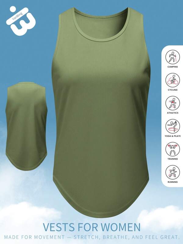 Army Green Women Sports Tank Top With Wide Shoulder Cut And Flowing Curved Hem Suitable For Gym Workouts Yoga Classes Outdoor Hiking And Versatile Everyday Styling