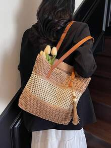 Women's Large Capacity Tote Bag Fashion Tassel Beach Shoulder Bag Handbag, Suitable For Travel, Daily Shopping