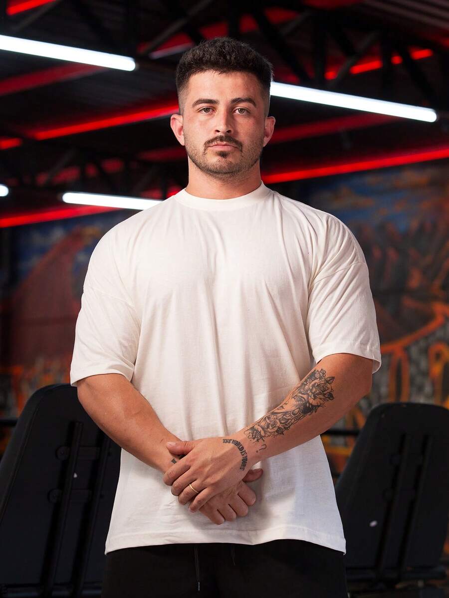 Men's Oversized Plain Gym T-Shirt Unbranded Simple Turtleneck Ribbed 30.1 Combed Cotton Lightweight Gym - White - View 1