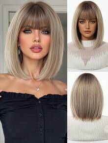 Perruque dégradé brun noir doré de 12 pouces, coiffure au carré droite avec frange pour femmes, en fibre synthétique résistante à la chaleur, et polyvalente, convient aux femmes et aux filles pour un usage quotidien, les fêtes, le cosplay, la photographie et plus encore - Blond ombré - Voir 7