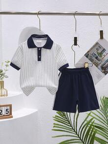 youtaotongnian 2-teiliges Jungs Sommer Lässig Outfit - gestreiftes Poloshirt & Loose Fit Shorts, geeignet für Sportevents