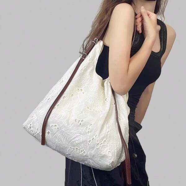 NYXIA Sac à épaule brodé de fleurs à la mode, sac cabas léger et simple de grande capacité, sac à main élégant rétro, convient pour le travail, les déplacements et les voyages