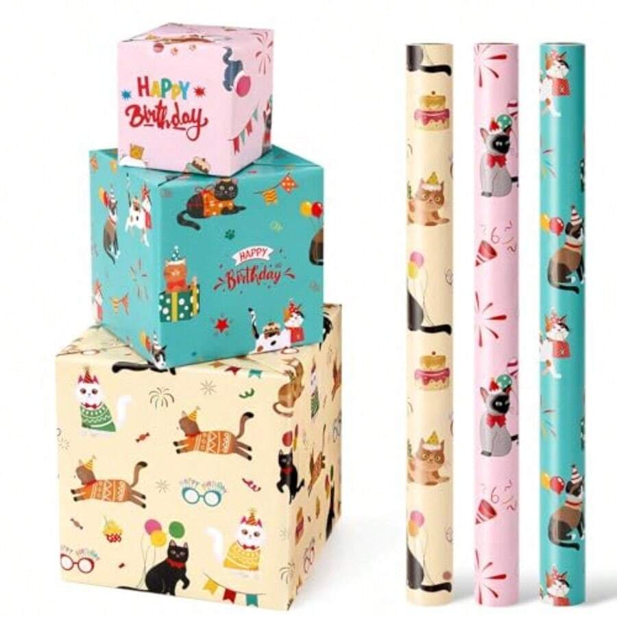Cat Wrapping Paper Rolls 3 Rolls 17 X 120 Happy Birthday Wrapping Paper Rolls Cat Birthday Gift Wrap Paper Rolls Kitten Wrapping Paper Bday Wrap Paper With Cutting Lines - GreenCat - View 1
