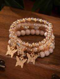 4 pièces/set Bracelet perles asymétrique à pendentif papillon en pierre multicouch de style bohème, adapté pour le port quotidien