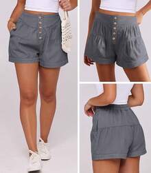 ANRABESS Women's Shorts Summer Baggy High Waisted Flowy Wide Leg Buttons Pleated Casual Jean Shorts 2025 Fashion Skorts - 淺灰色 - 查看 5