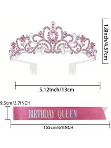 Bling Rhinestone Różowa kryształowa korona Tiara Urodzinowa Królowa Szarfa I Korona Dla Kobiet Zestaw Dekoracji Urodzinowych Królowa Brokat Kryształowe Akcesoria Do Włosów - Różowy - Zobacz 3