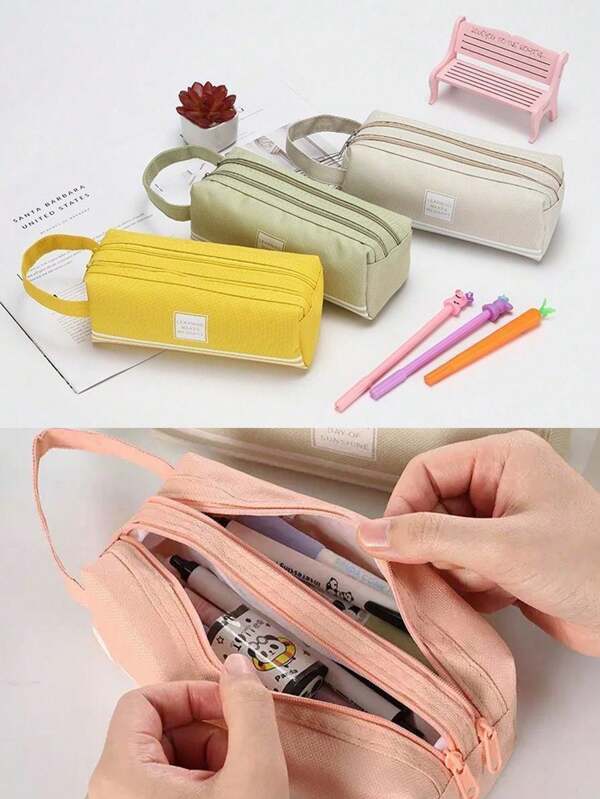 New Multifunctional Fashion Attractive Oxford Cloth Double Zipper Pencil Case, Large Capacity Durable Convenient Storage Bag, Double Layer Compartment Organizer Pencil Pouch