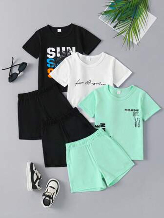 6 件套字母和棕榈树印花短袖 T 恤和短裤套装，适合 3-7 岁儿童，夏季运动装，休闲装，户外活动装