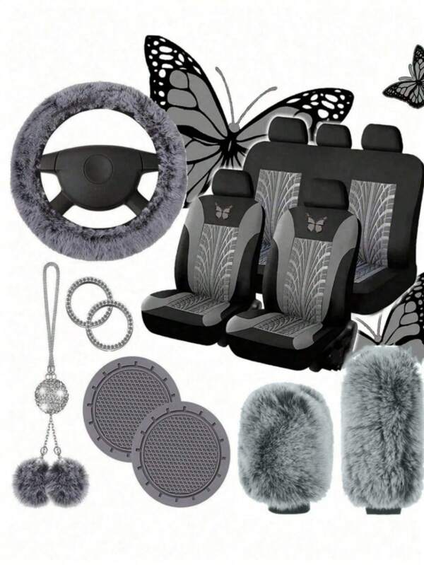 17Pcs 9Pcs 8Pcs Butterfly Pattern Car Seat Cover Set With Soft Plush Steering Wheel, Gear Shift, Handbrake Covers, And Diamond Plush Pendant Ornament, Universal Fit For Comfortable Driving Experience,17pcs Include(9pcs Seat Cover Complete Set+8pcs Plush Steering Wheel Ornament Set ),9pcs Seat Cover Complete Set,8pcs Plush Steering Wheel Ornament Set