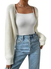 Women Open Front Ribbed Knit Crop Bolero Drop Shoulder Long Sleeve Solid Loose Fit Knitted Crop Cardigan Shrug