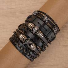 5pcs/6pcs Vintage Minimalist PU Leather Handmade Braided Bracelet Set, Suitable For Men And Women Everyday Wear