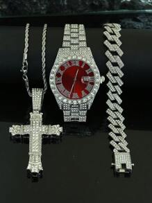 1 Set Confezione regalo uomo con ciondolo a croce 3D con catena intrecciata, bracciale con diamanti e orologio, regalo di moda di alta qualità personalizzato per amici