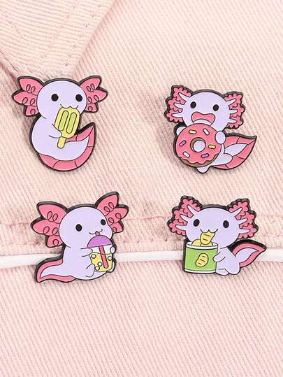 Set de 4 alfileres de solapa personalizados con diseños de criaturas marinas animadas, como salamandras, coleccionables, broches decorativos con estilo lindo de ajolote