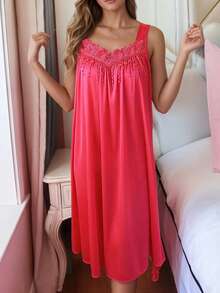 5 Ladies Elegant Solid Color Mixed Lace Pajamas Dress, Thin Shoulder Strap Strapless Loose Skirt With Suspenders, Comfortable Pajamas - 彩色 - 查看 3