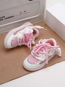 Girls Canvas Sneakers New Versatile Casual Sport Shoes School Lace-Up Low-Top Little White Shoes Toddler/Kids Medium Contrast Color Shoes