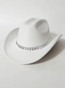 1 Peça Chapéu de Feltro Unissex, Chapéu de Feltro de Lã de Cor Sólida e Plano na Parte Superior com Decoração de Cinto em Formato de Diamante, Chapéu de Cowboy Ocidental Estiloso, Adequado para Noiva, Apresentação, Festa, Uso Externo, Todas as Estações