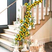 Künstliche Sonnenblumen Girlande mit hängenden Sonnenblumen Ranken und grünen Blättern, Seidenblumen für Haus Zimmer Küche Garten Hochzeitsbogen Braut Baby Shower Party Outdoor Deko medium