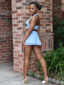 Steph T Ensemble débardeur à col ras-du-cou et mini-jupe plissée asymétrique en maille pour femme, tenue d'été pour les vacances à l'île, coupe slim et stretch