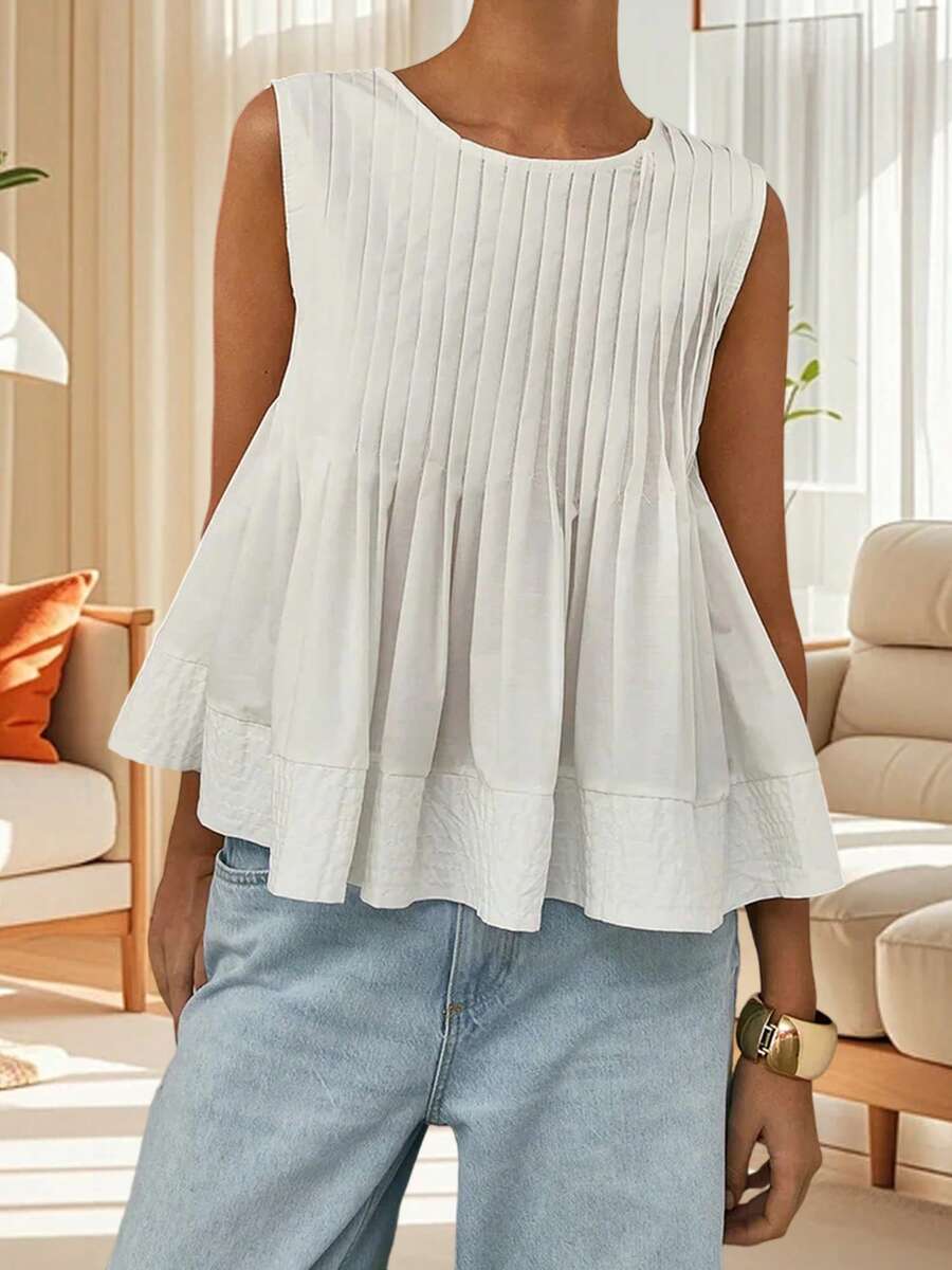 Women's Summer Solid Color Vest With Pleated Front And Basic Sleeveless Casual Shirt For Pregnant Women - 白色 - 查看 1
