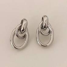 1pair Fashionable Rhodium Tone Metal Multi-Turn Knotted Design Stud Earrings For Women, Double Hoop Studs, Statement Dangling Earrings, Unique Earrings Anniversary Gift For Wife