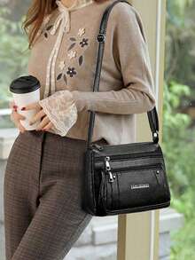 New Multi-Functional Middle-Aged Women's Handbag, Mother Bag, Mother-In-Law Bag, Soft Leather Feel Shoulder & Crossbody Bag - Black - View 7