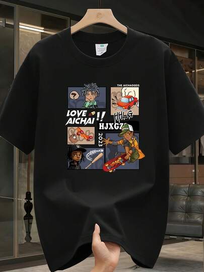 Camiseta de Hombre de Algodón 100% Gráfica Impresa - Verano Casual de Corte Holgado de Manga Corta con Cuello Redondo y Diseño de Letras Negritas, Lavable a Máquina, Talla Grande para Adolescentes y Jóvenes Adultos, Ropa de Ocio, Diseño de Caricatura en la Parte Posterior, Tela Transpirable