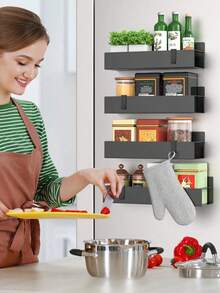 1/2/4pcs Magnetic Spice Storage Rack For Refrigerators And Ovens, Multi-Purpose Space Saving Refrigerator Storage Boxes And Storage, Magnetic Fridge Side Rack Storage Shelf Spice Rack Organizer Space Saving Kitchen (Black) - Black - View 7